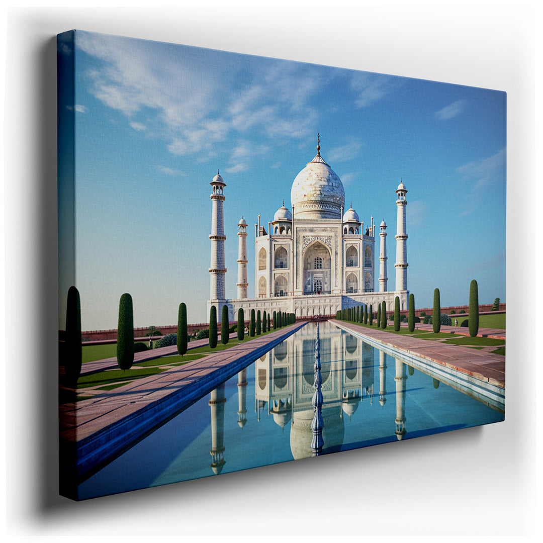 canvas print on wrapped canvas for wall decor – This exquisite wall art captures the majestic essence of the Taj Mahal, one of the world's most beloved architectural ma...