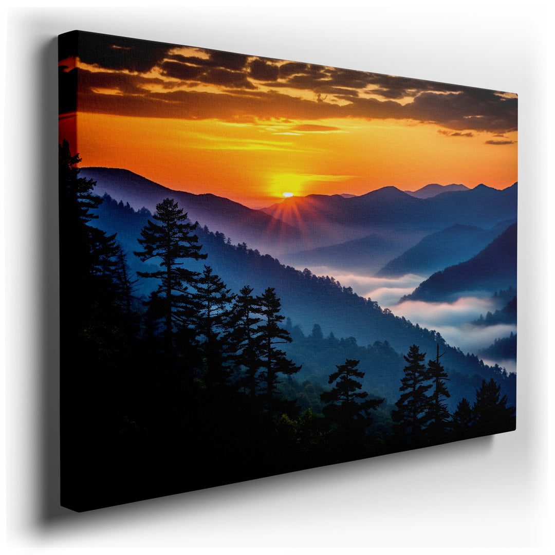 canvas print on wrapped canvas for wall decor – This wall art captures a breathtaking scene of a sunrise unfolding over a serene, mist-covered valley, flanked by majest...