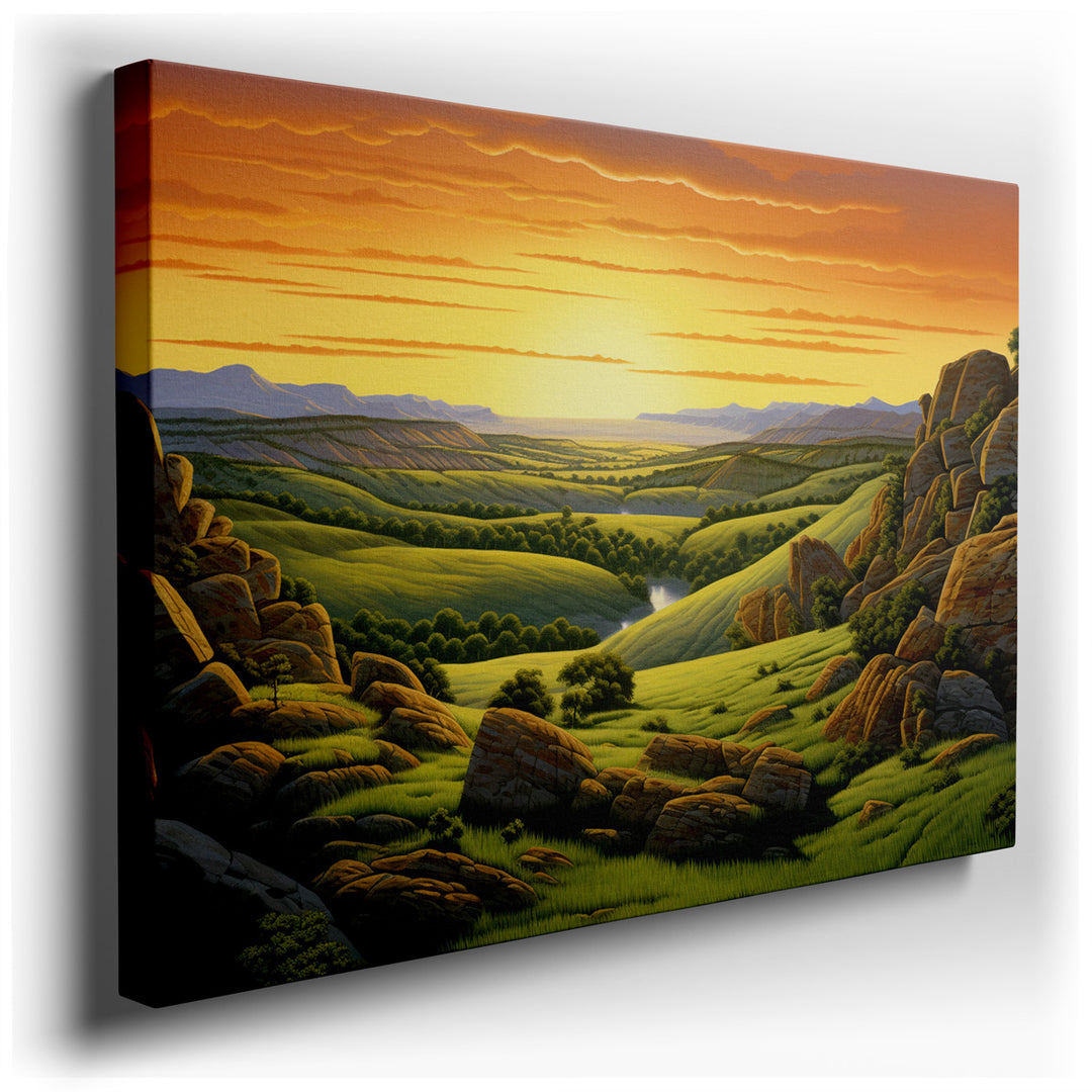 canvas print on wrapped canvas for wall decor – This exquisite wall art captures the serene beauty of a sunrise over a picturesque landscape, offering a visual feast th...