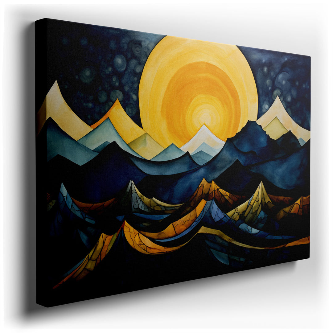 canvas print on wrapped canvas for wall decor – This exquisite wall art captures the ethereal beauty of a vibrant sunrise over a surreal mountain landscape, masterfully...