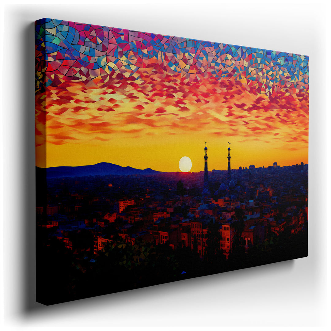 canvas print on wrapped canvas for wall decor – This wall art is a masterful depiction of a bustling city skyline at sunset, beautifully canvas by the grandeur of tower...