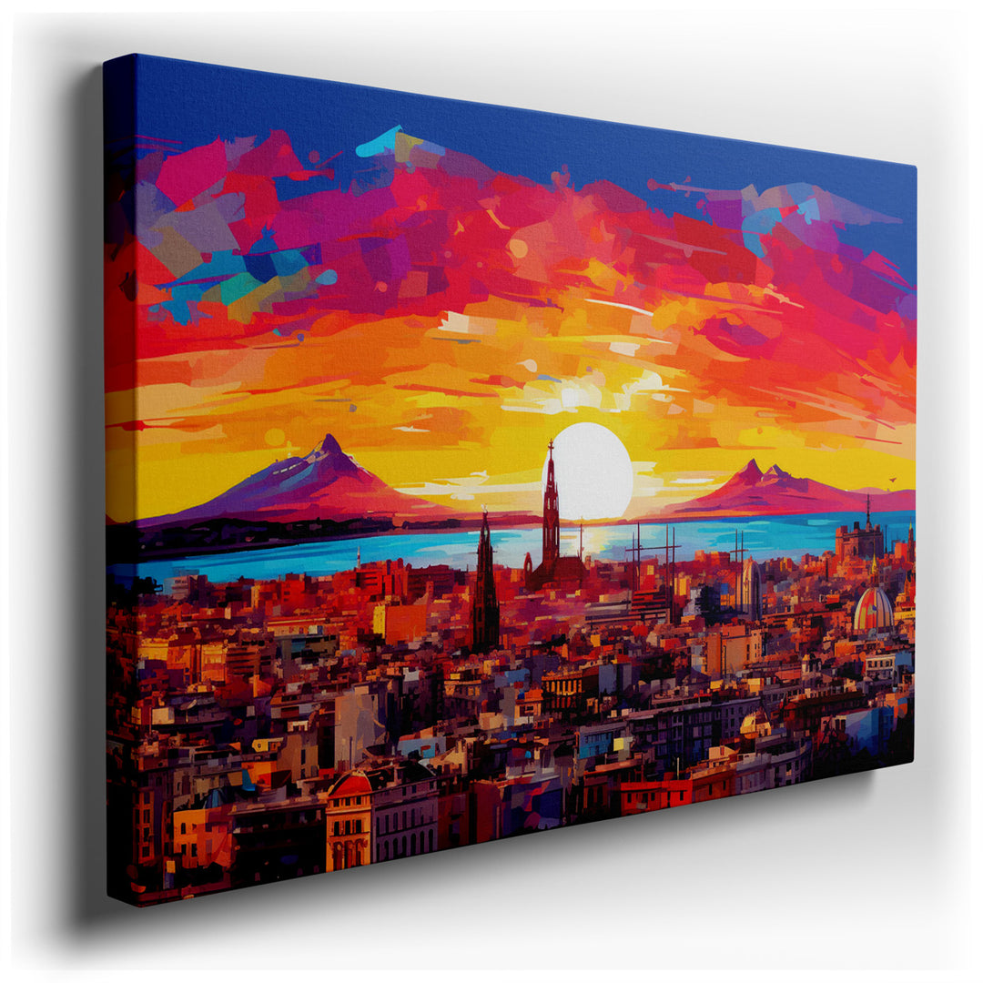 canvas print on wrapped canvas for wall decor – This wall art captures a moment of breathtaking beauty as the sun sets over a bustling city, nestled against the silhoue...