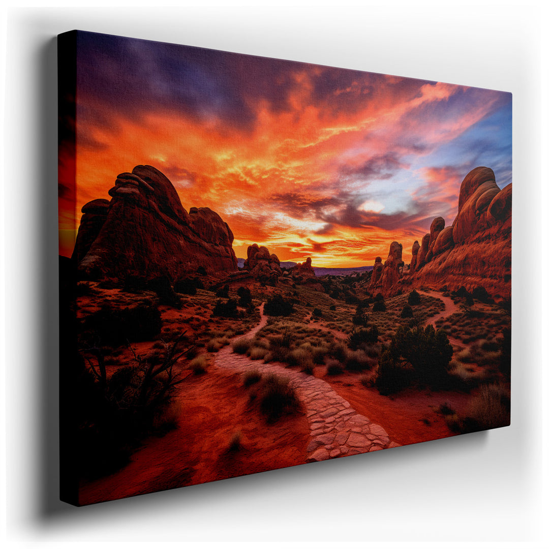 canvas print on wrapped canvas for wall decor – This wall art is a masterful depiction of a sunset at Arches National Park, one of nature's most awe-inspiring landscape...