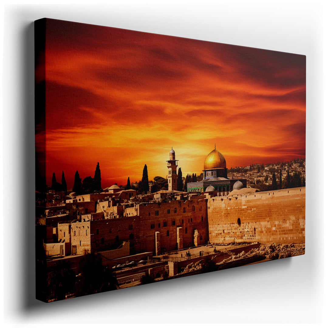 canvas print on wrapped canvas for wall decor – This wall art captures a truly mesmerizing scene of the Golden Dome of the Rock, an iconic and sacred edifice that has s...