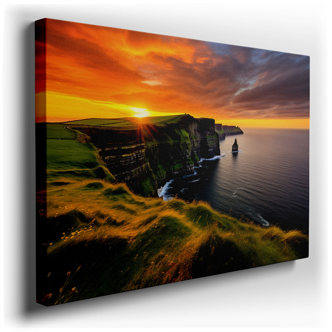 canvas print on wrapped canvas for wall decor – This wall art captures the majestic Cliffs of Moher, one of Ireland's most spectacular natural wonders, at the magical m...