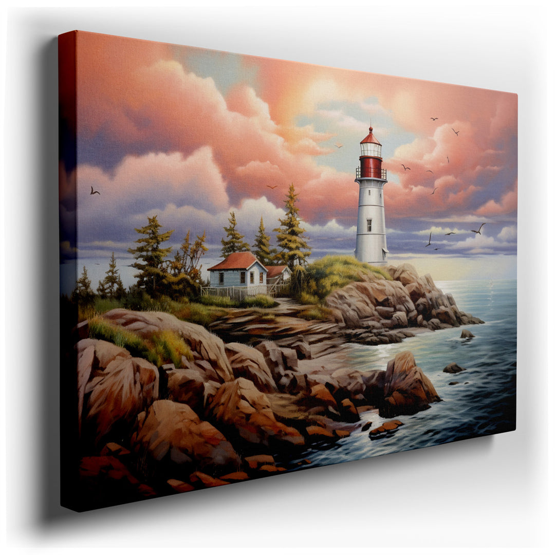 canvas print on wrapped canvas for wall decor – This exquisite wall art captures the serene beauty of a coastal sunset with a majestic lighthouse as its central figure....