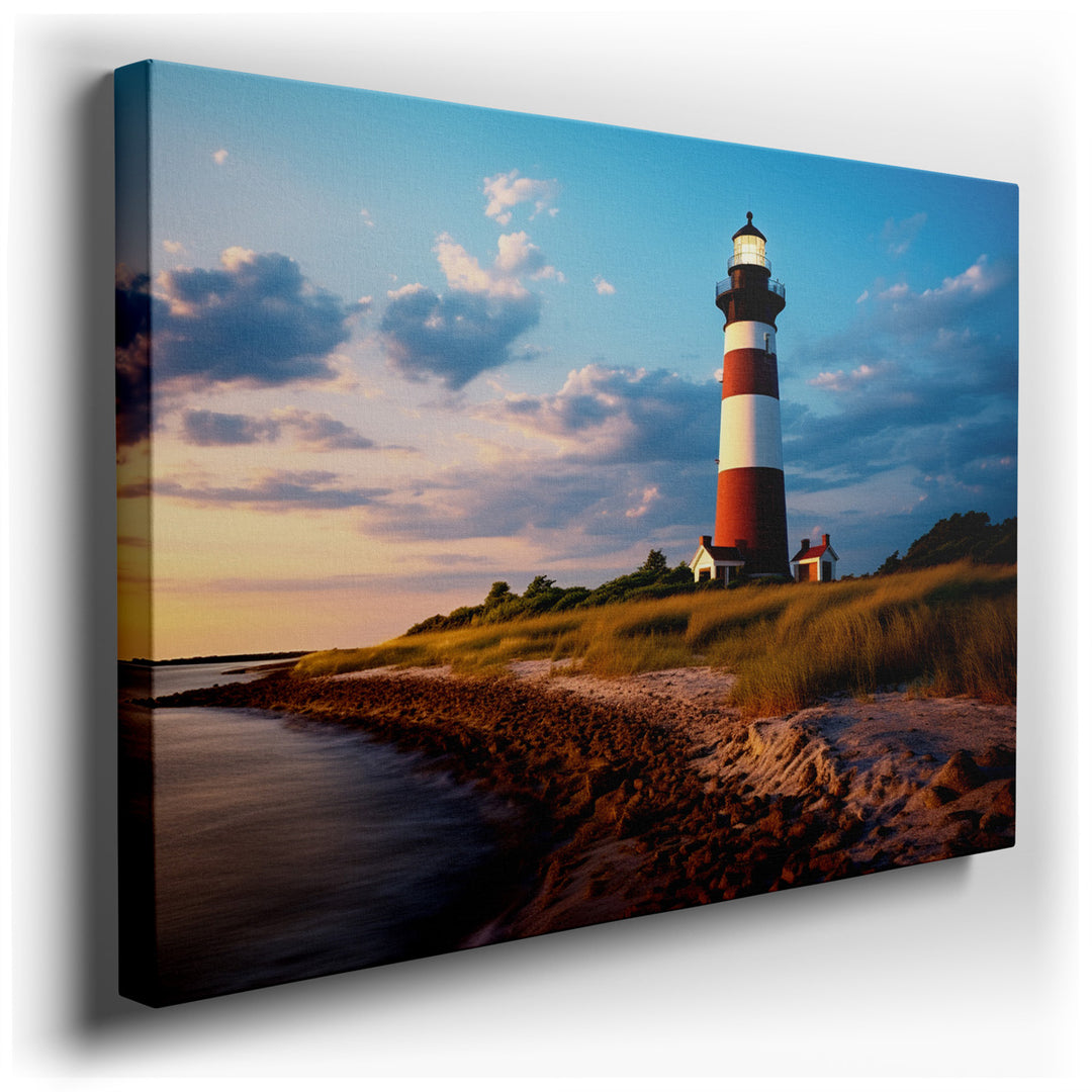 canvas print on wrapped canvas for wall decor – This enchanting wall art captures the majestic presence of a lighthouse standing tall against the backdrop of a breathta...