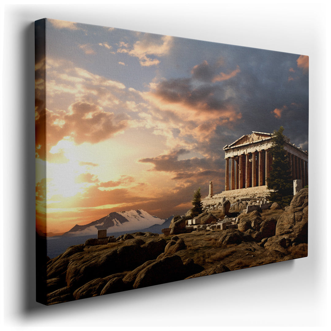 canvas print on wrapped canvas for wall decor – This exquisite wall art portrays a majestic ancient temple, masterfully captured against the backdrop of a vibrant sunse...