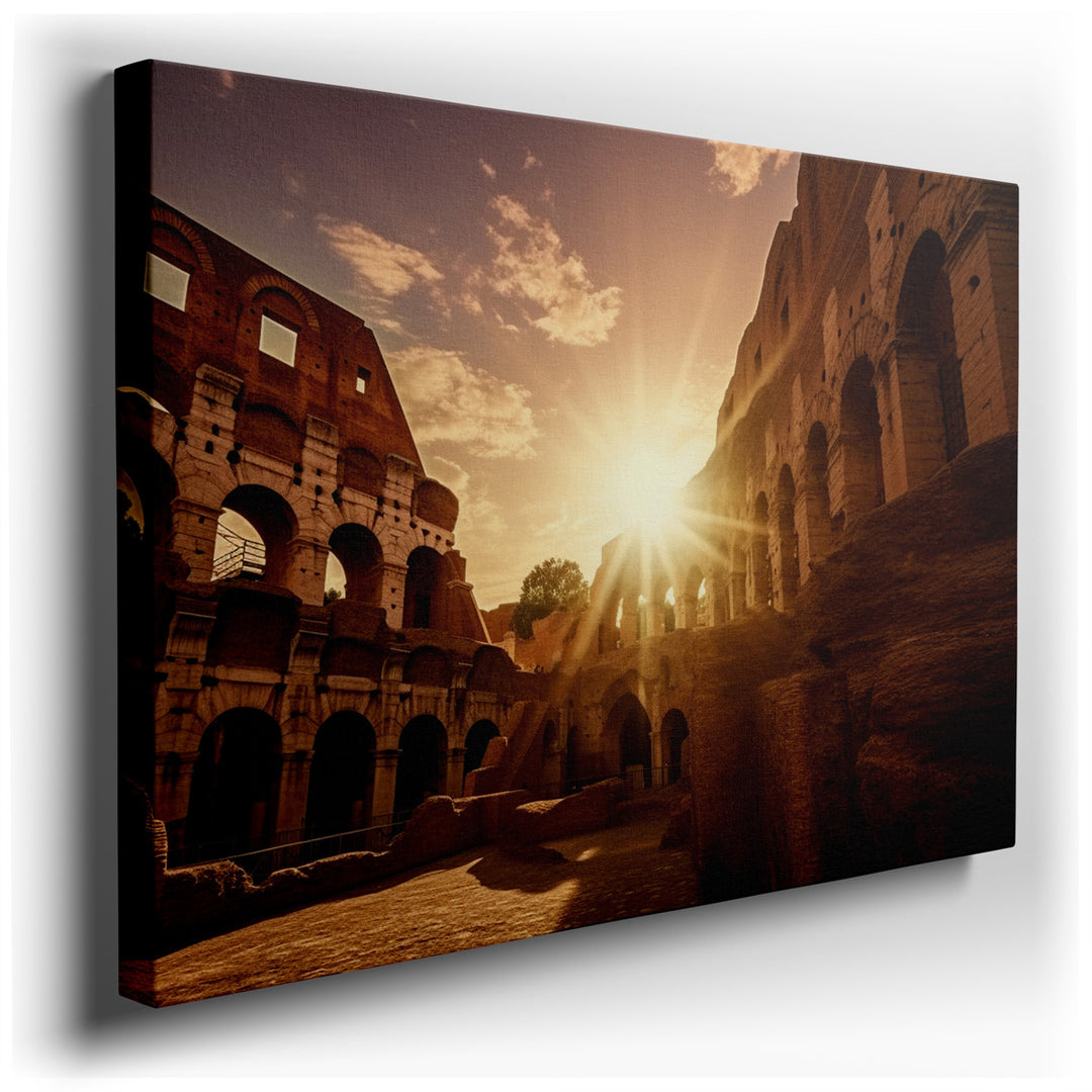 canvas print on wrapped canvas for wall decor – This captivating wall art portrays the ancient Roman Colosseum enveloped in the warm embrace of a striking sunset. The a...