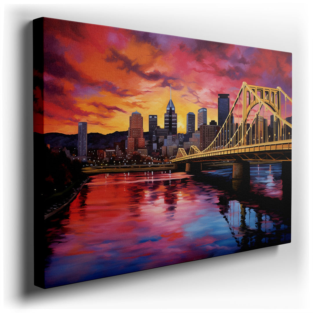 canvas print on wrapped canvas for wall decor – This wall art is a captivating abstract representation of a bridge juxtaposed against a bustling city skyline during the...