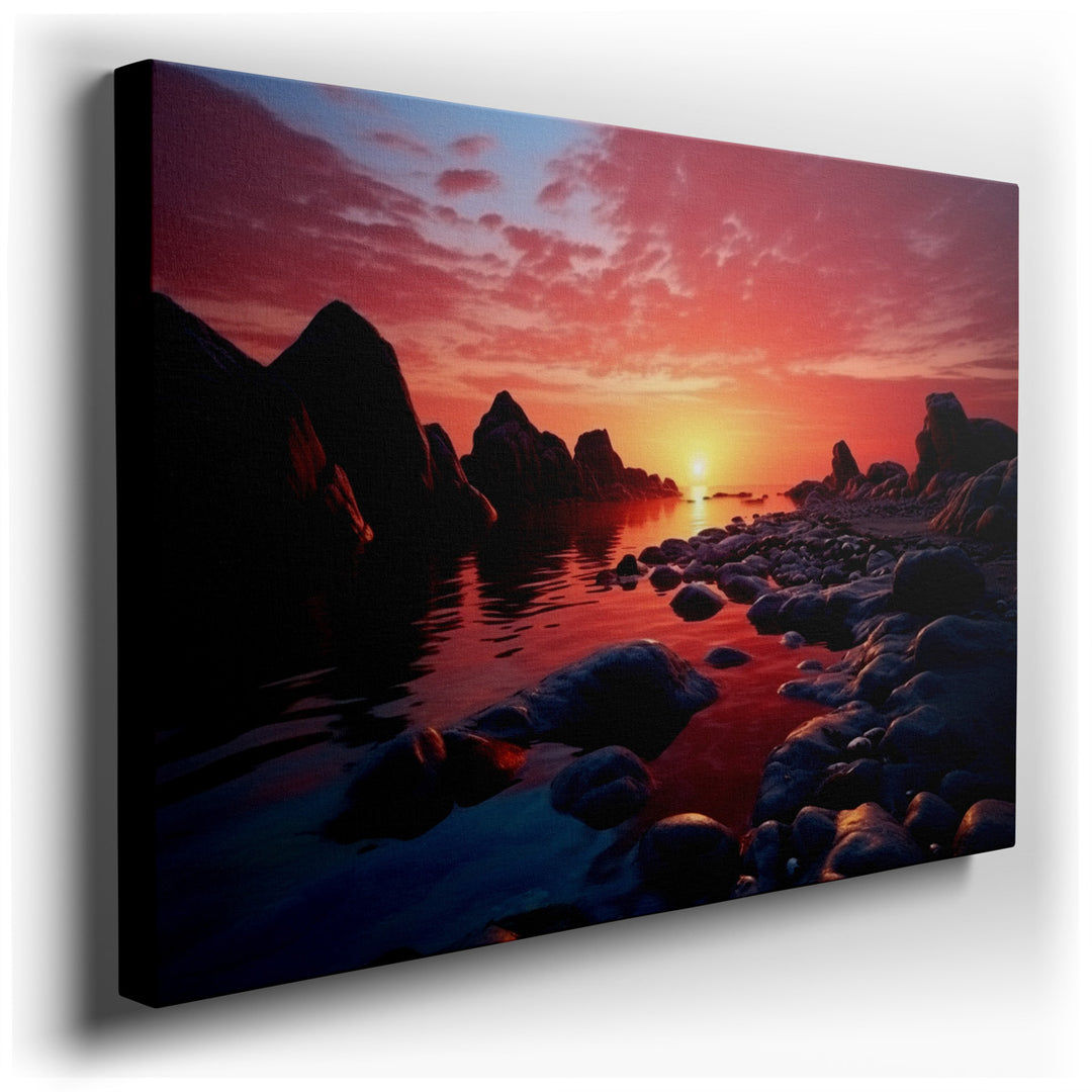 canvas print on wrapped canvas for wall decor – This wall art, a masterful depiction of a seaside sunset, is an exquisite representation of nature's serene beauty as da...