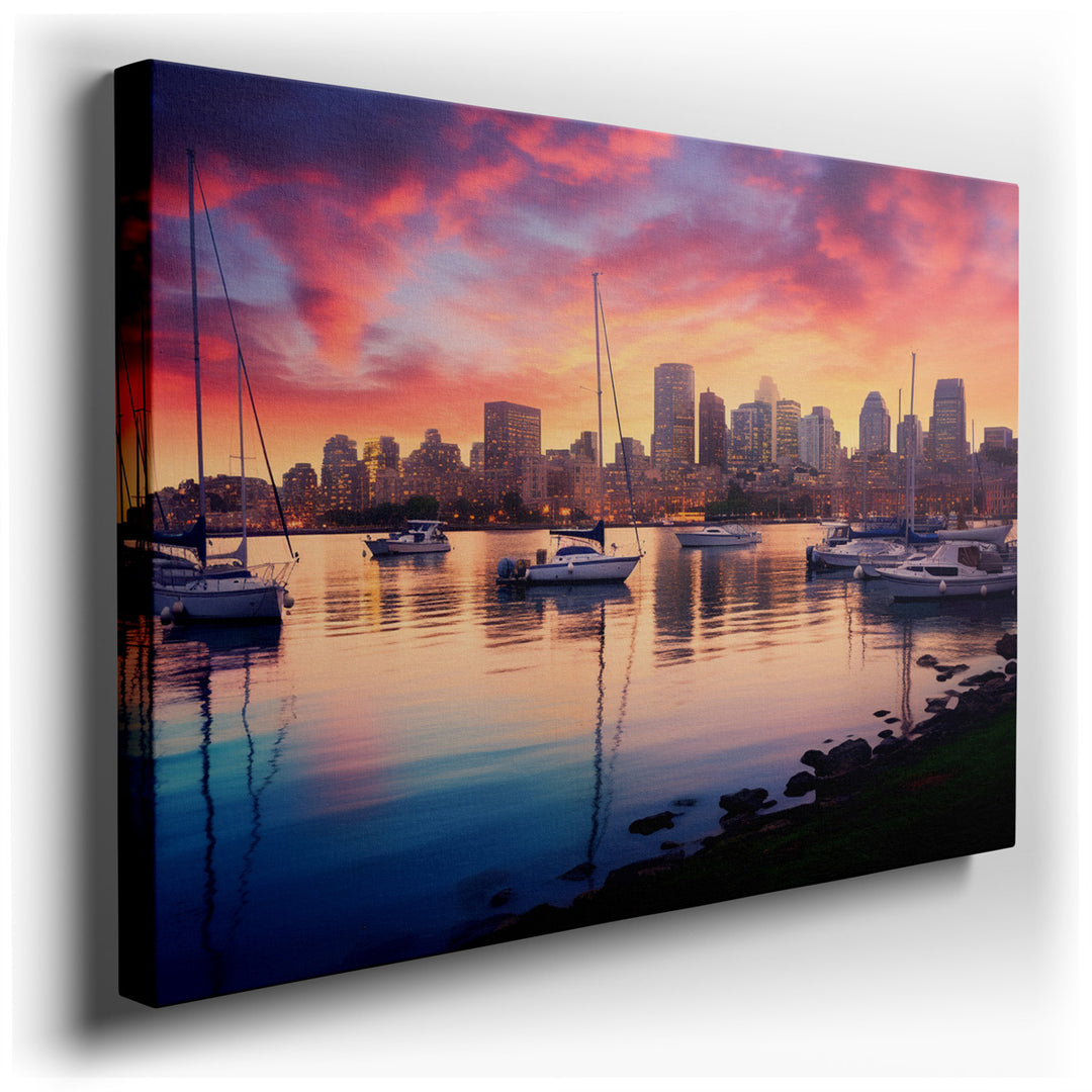 canvas print on wrapped canvas for wall decor – This wall art is a captivating portrayal of an elegant city skyline illuminated by the vibrant hues of sunset. The scene...