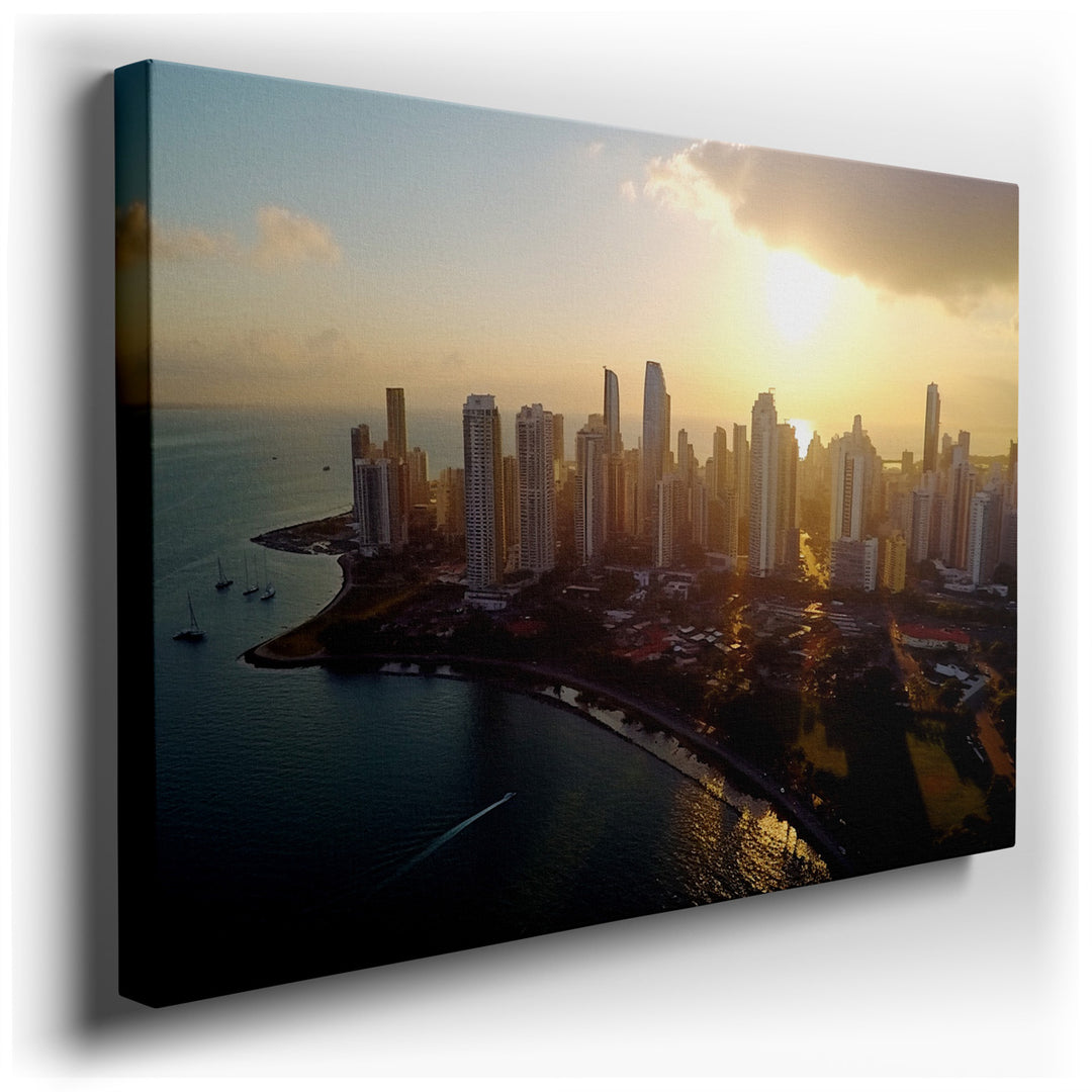 canvas print on wrapped canvas for wall decor – This wall art captures a breathtaking aerial view of a vibrant urban cityscape at the magical moment of sunset. The canv...