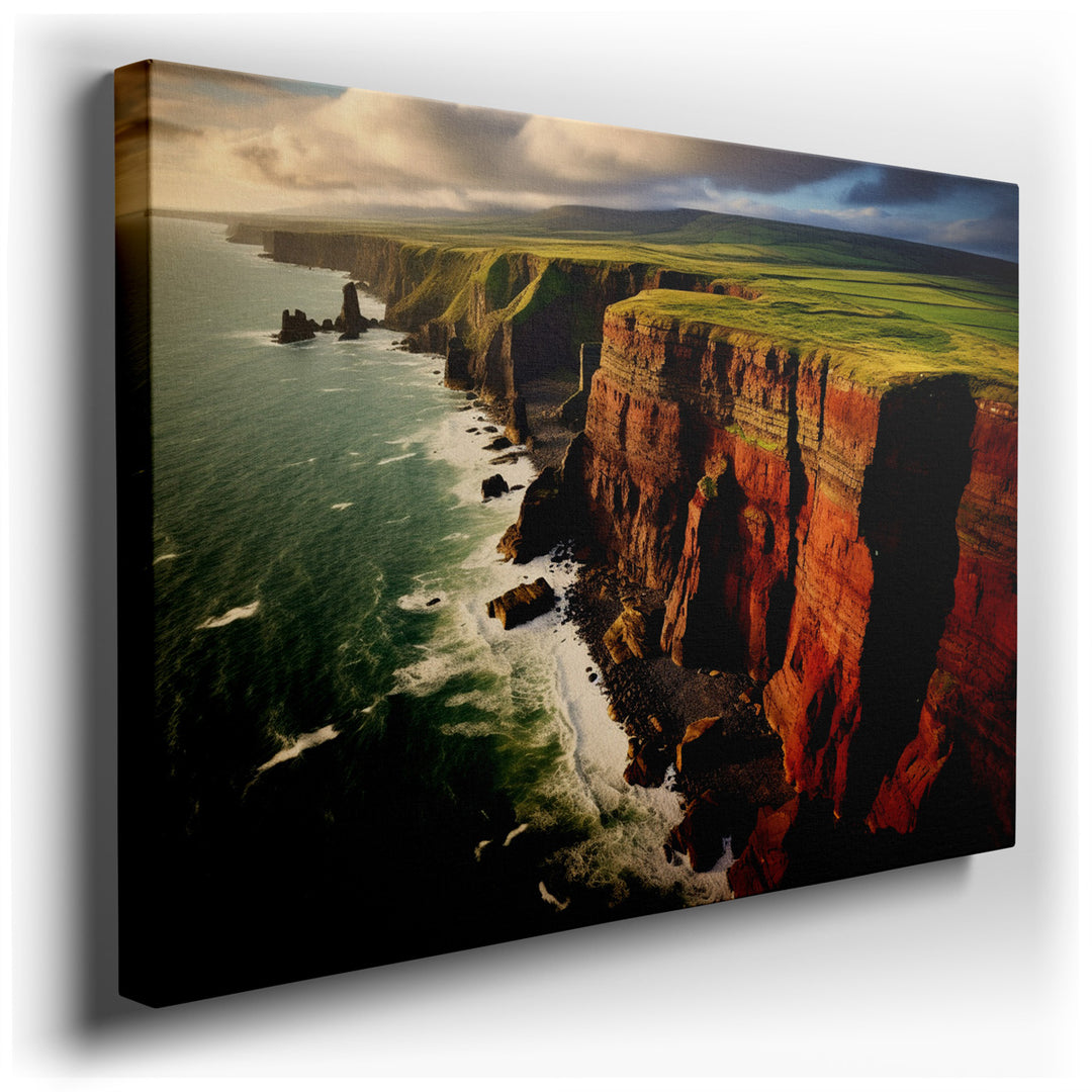 canvas print on wrapped canvas for wall decor – This captivating wall art portrays a breathtaking scene where majestic cliffs ascend dramatically from the shoreline, th...