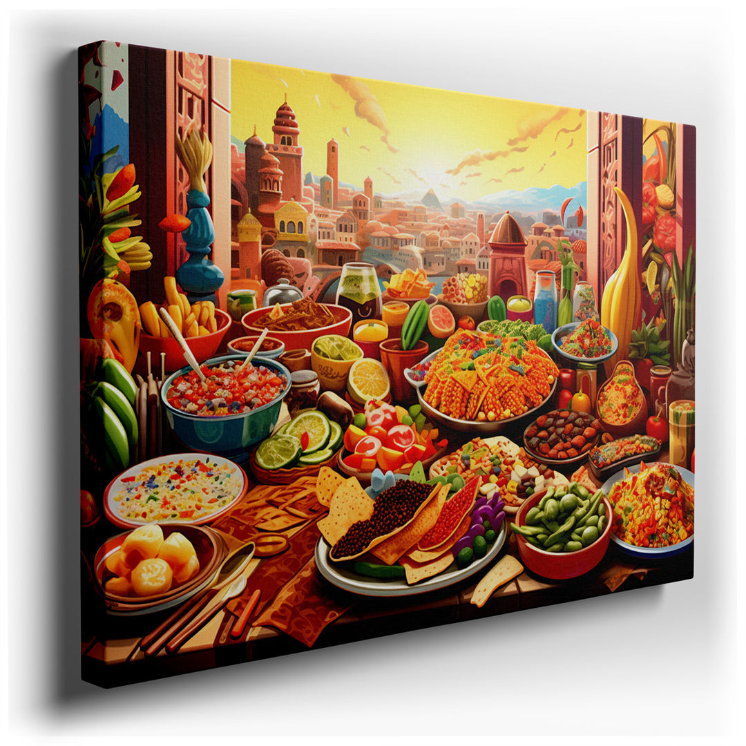 canvas print on wrapped canvas for wall decor – This wall art, a masterful depiction of a culinary feast set against the backdrop of a breathtaking sunset, is a celebra...