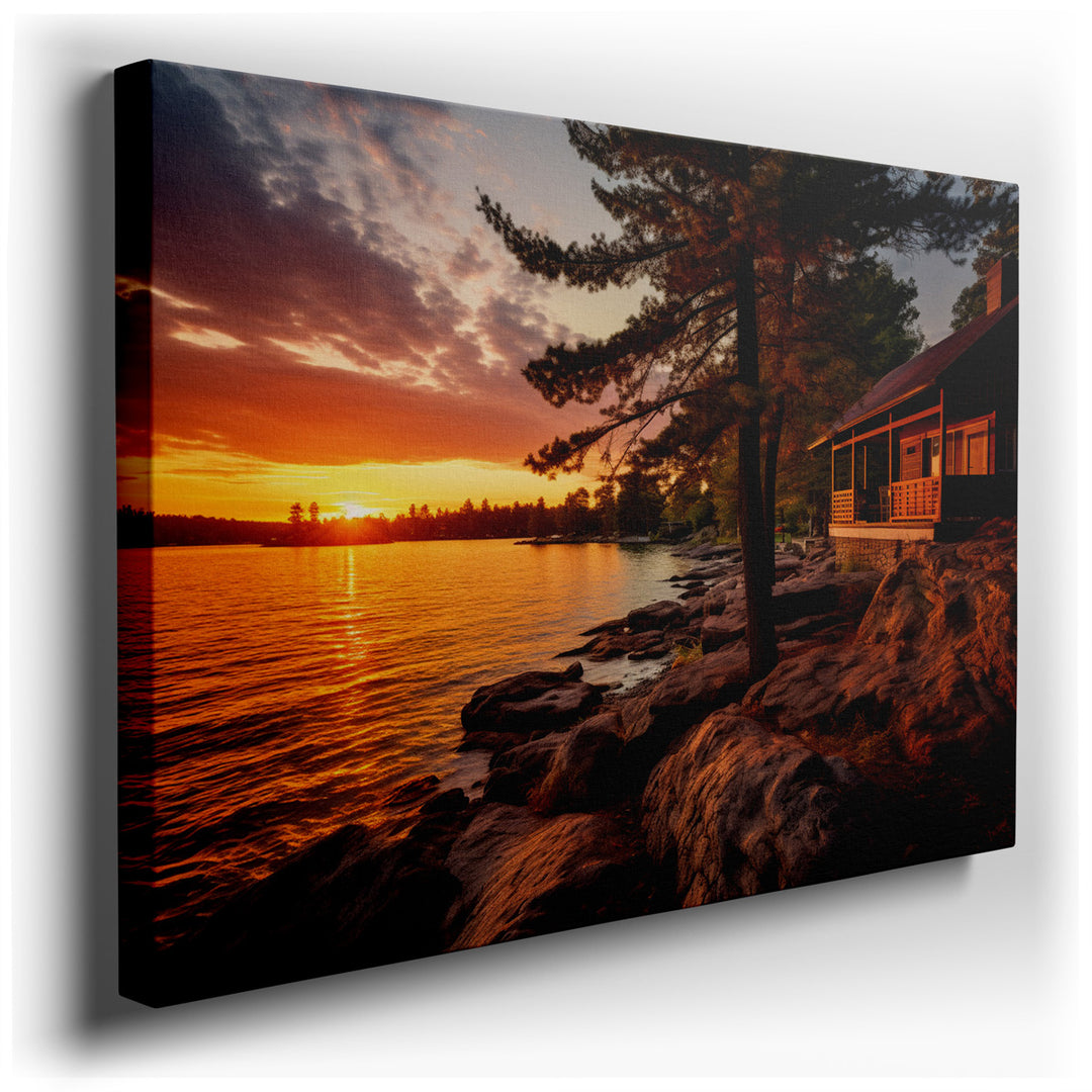 canvas print on wrapped canvas for wall decor – Imagine a serene escape captured on canvas, where the gentle embrace of sunset bathes a secluded lakeside cabin in a gol...