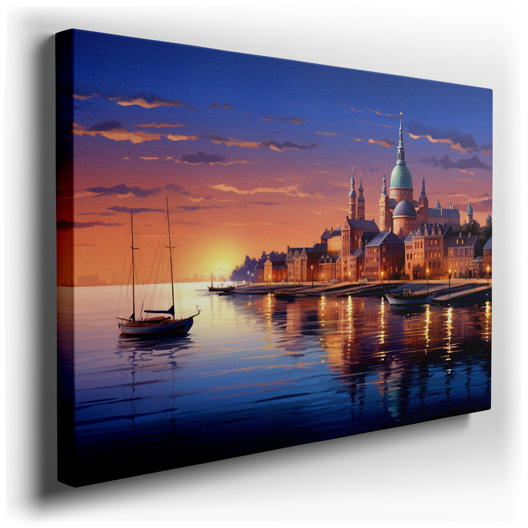 canvas print on wrapped canvas for wall decor – This enchanting wall art portrays a serene waterfront tableau, where the gentle embrace of sunset casts a golden glow ov...