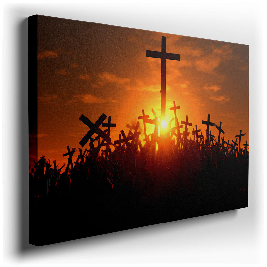 canvas print on wrapped canvas for wall decor – This wall art captures a profound and moving scene of a large crowd gathered at sunset, each individual holding a cross,...