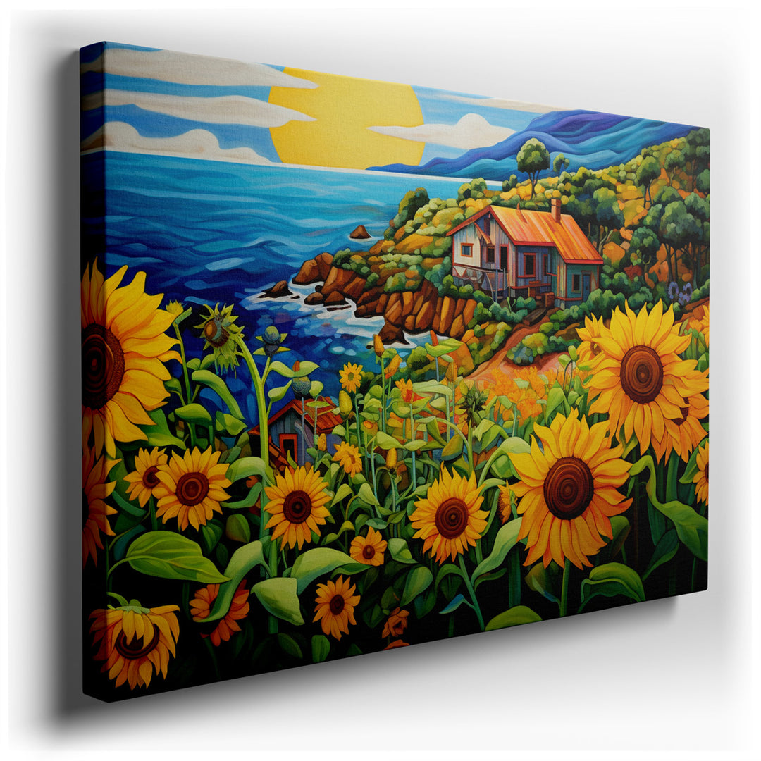canvas print on wrapped canvas for wall decor – This enchanting wall art captures a serene coastal retreat, enveloped by the radiant beauty of blooming sunflowers under...