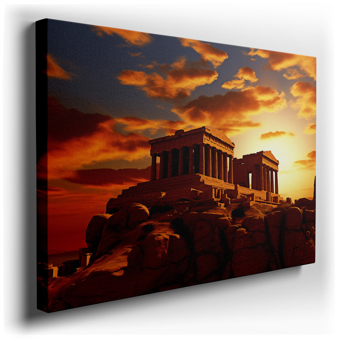 canvas print on wrapped canvas for wall decor – This enchanting wall art captures the majestic essence of an ancient Greek temple, masterfully depicted as it basks in t...