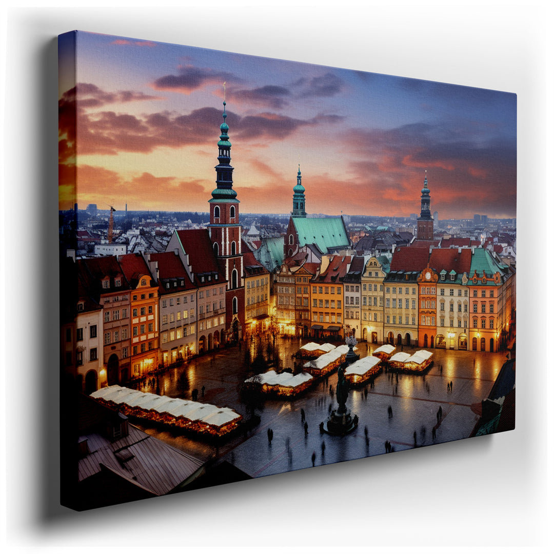 canvas print on wrapped canvas for wall decor – This wall art captures a breathtaking scene of a historic town square at sunset, enveloped in a warm, golden glow that s...