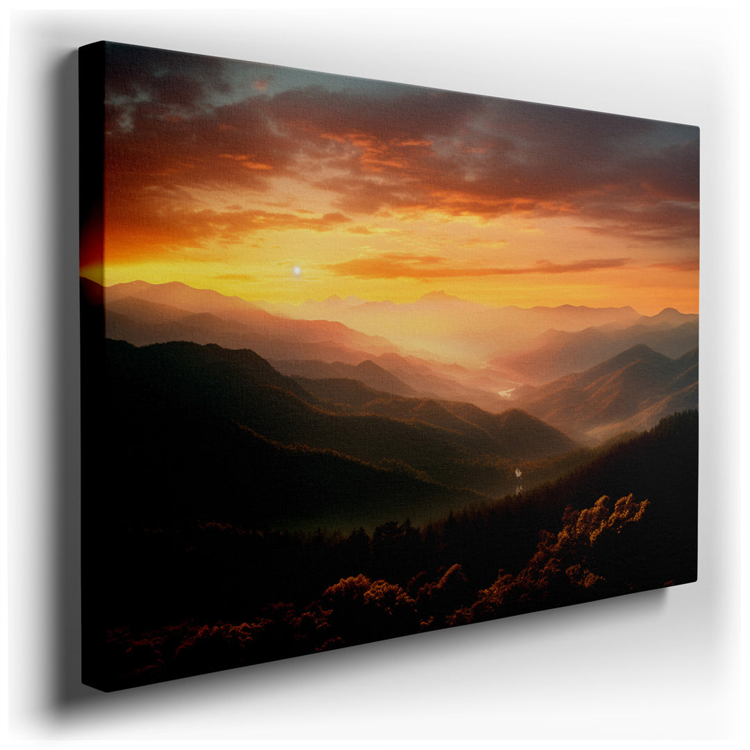 canvas print on wrapped canvas for wall decor – Imagine a wall art that captures the essence of a majestic mountain range at the magical hour of sunset. This artwork, w...