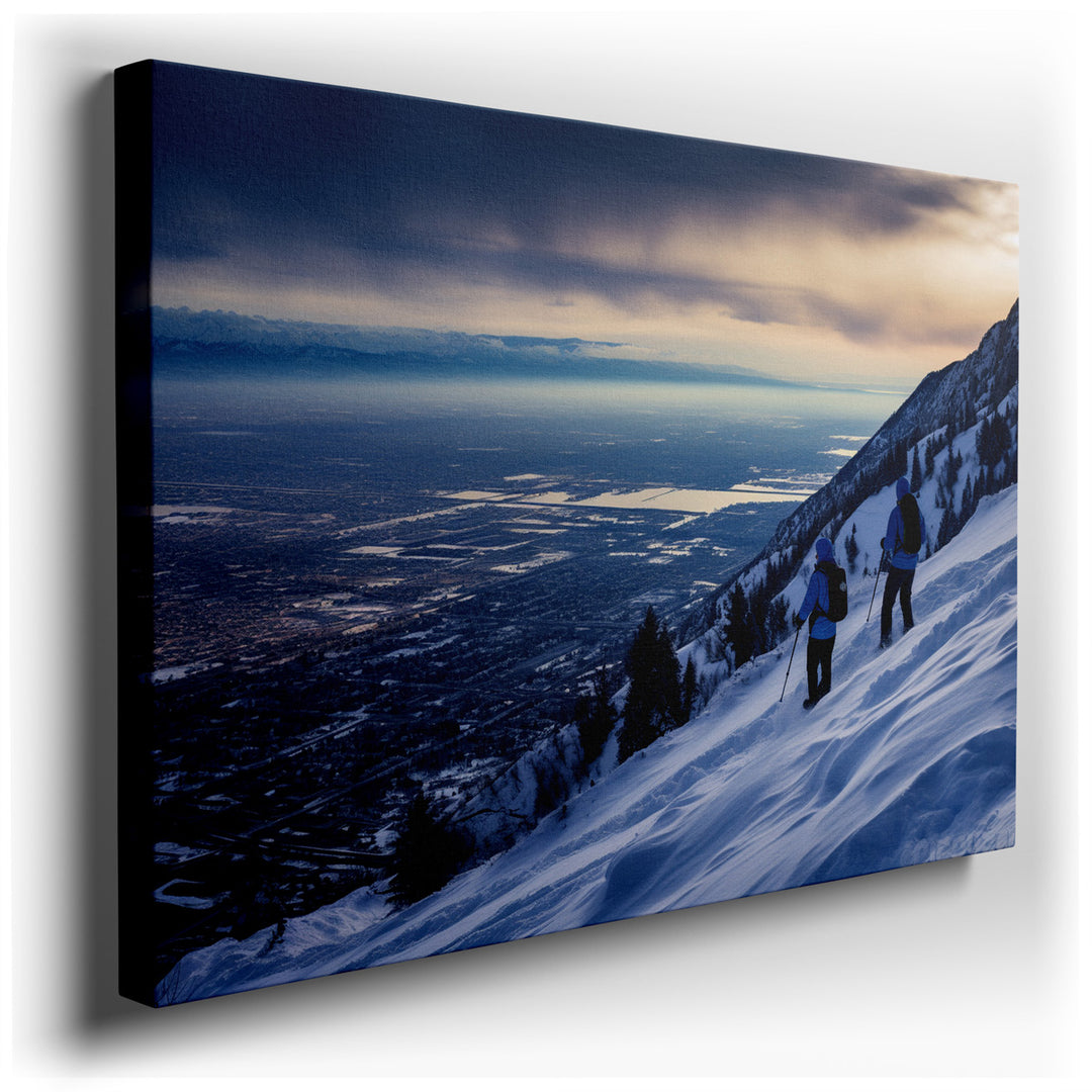 canvas print on wrapped canvas for wall decor – This wall art, a vivid and dynamic portrayal of two hikers traversing the snowy trails of a mountainous landscape at sun...