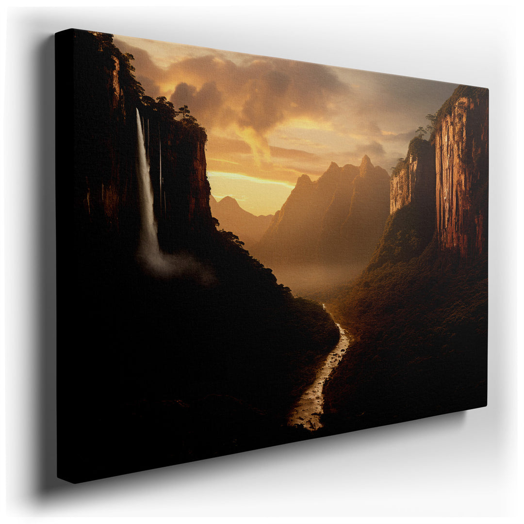 canvas print on wrapped canvas for wall decor – This enchanting wall art portrays a serene valley, where the majesty of a grand waterfall becomes the focal point, bathe...