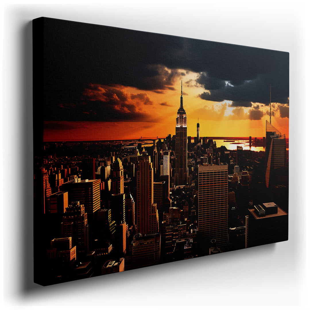 canvas print on wrapped canvas for wall decor – This wall art, a breathtaking cityscape, captures the essence of an urban sunset with the iconic Empire State Building a...