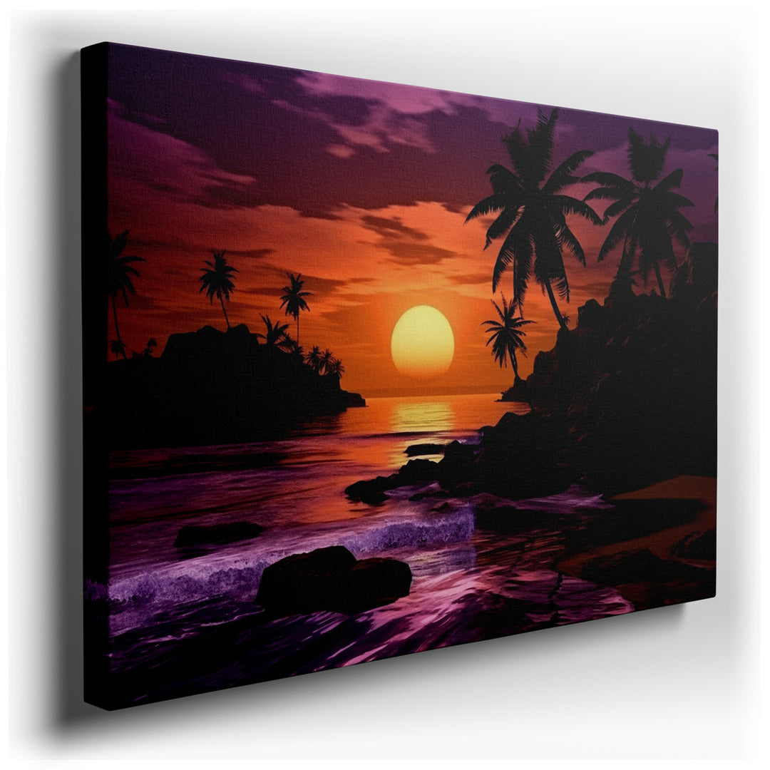 canvas print on wrapped canvas for wall decor – Imagine a wall art that captures the essence of a serene tropical paradise at the magical moment of sunset. This artwork...