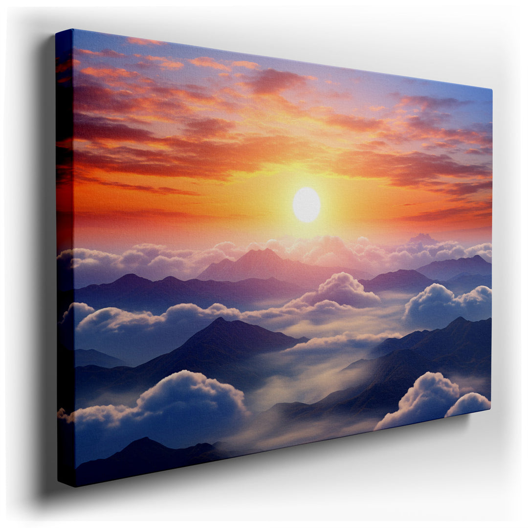 canvas print on wrapped canvas for wall decor – This exquisite wall art captures the serene majesty of a sunset descending over a rugged mountainous landscape, envelope...