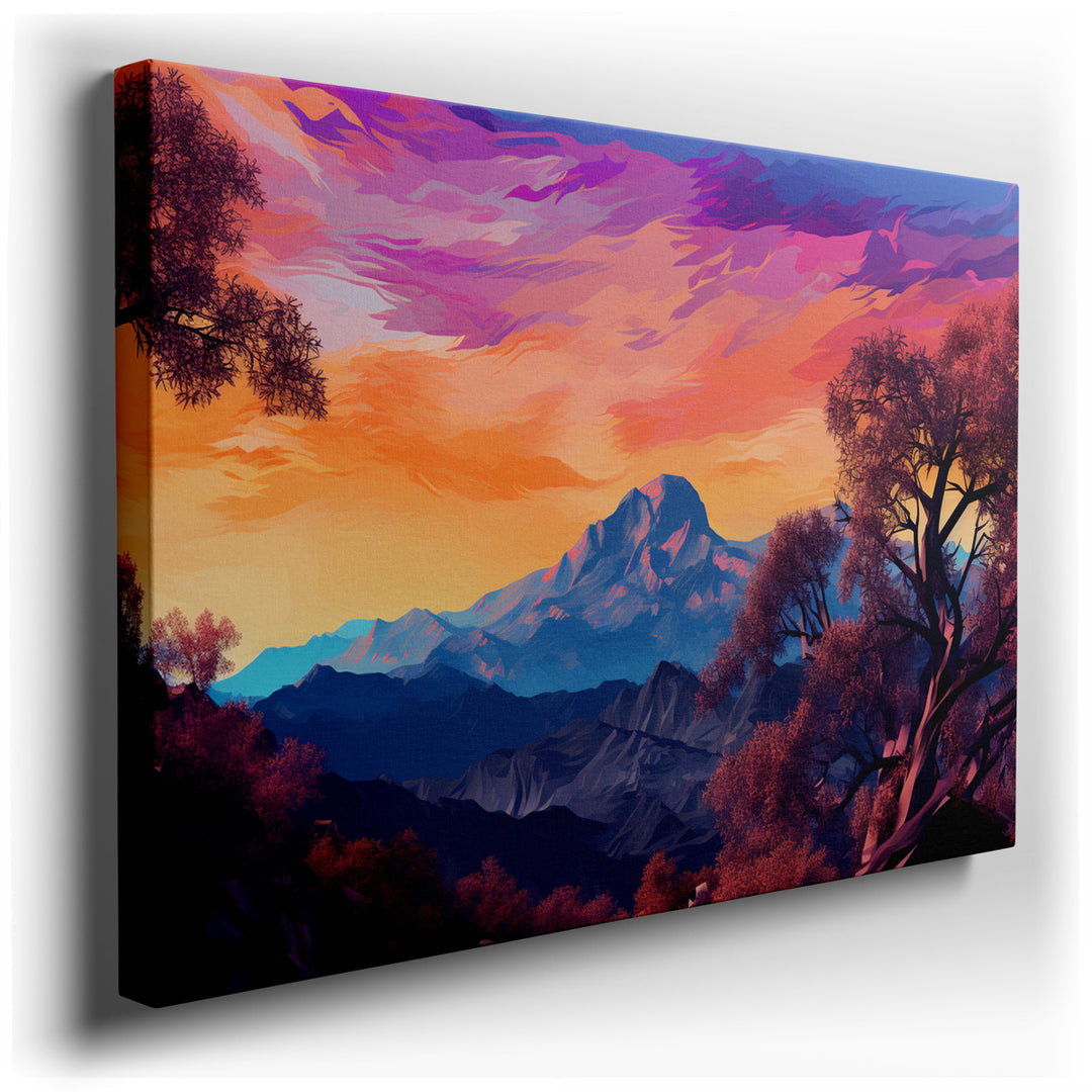 canvas print on wrapped canvas for wall decor – This exquisite digital wall art captures the serene majesty of a mountain range at sunset, offering a breathtaking spect...