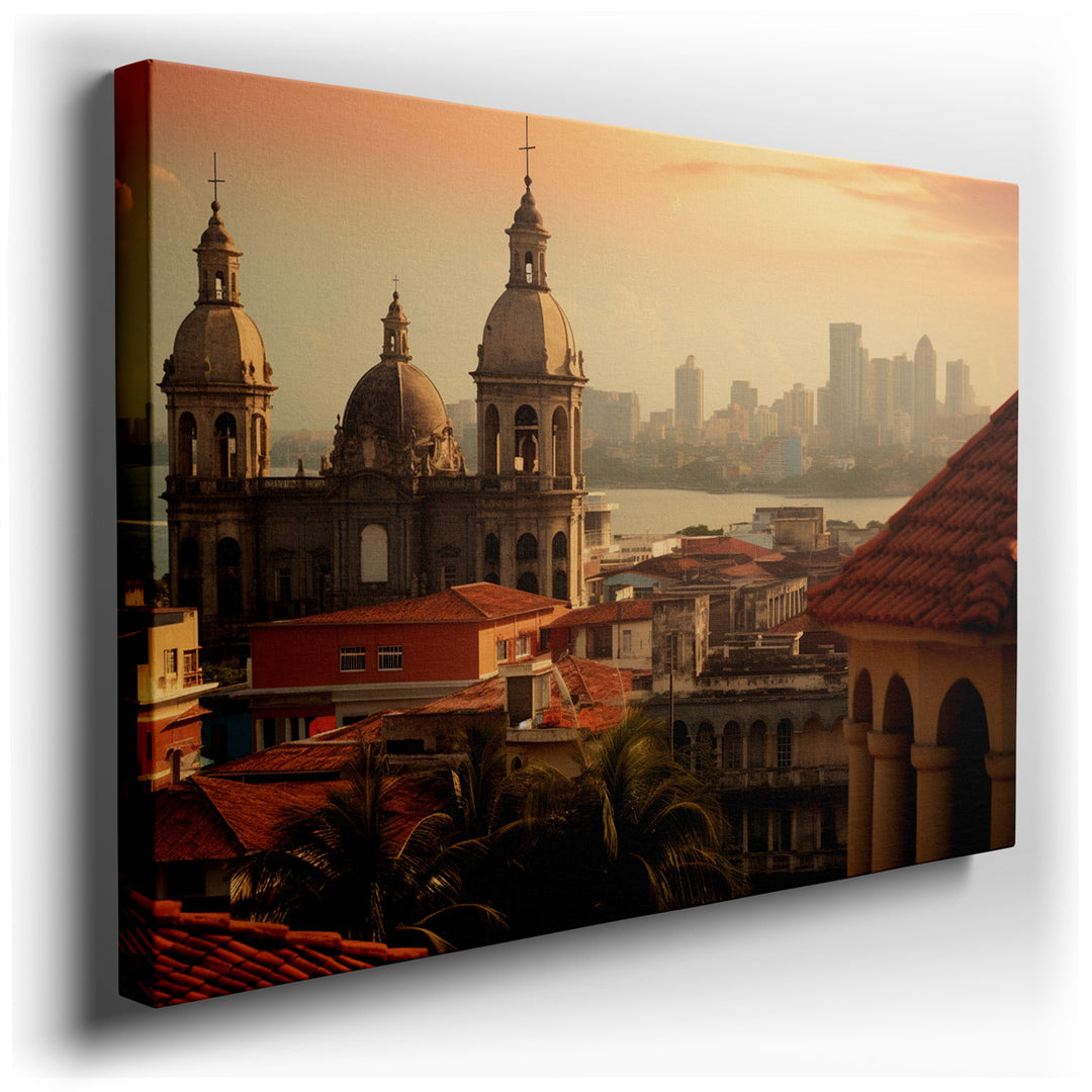 canvas print on wrapped canvas for wall decor – This wall art captures a stunning juxtaposition of time and architecture, presenting a historic cathedral set against th...