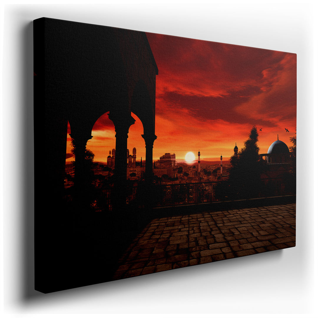 canvas print on wrapped canvas for wall decor – This wall art captures a breathtaking sunset over a historic cityscape, distinguished by its iconic domes and minarets t...
