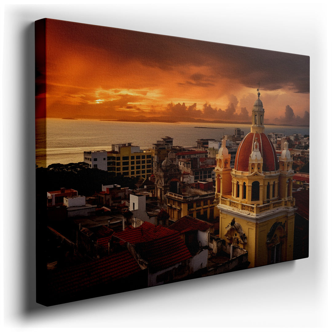 canvas print on wrapped canvas for wall decor – This wall art captures a breathtaking sunset scene that masterfully portrays a vibrant urban landscape, enveloped in a p...
