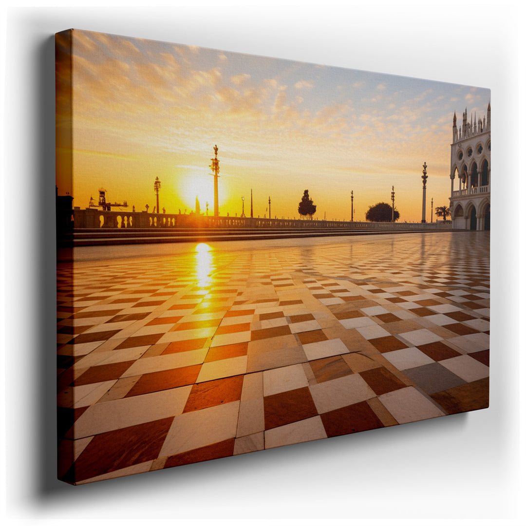 canvas print on wrapped canvas for wall decor – The wall art captures a breathtaking scene of Piazza San Marco at sunset, a moment where the historic heart of Venice is...