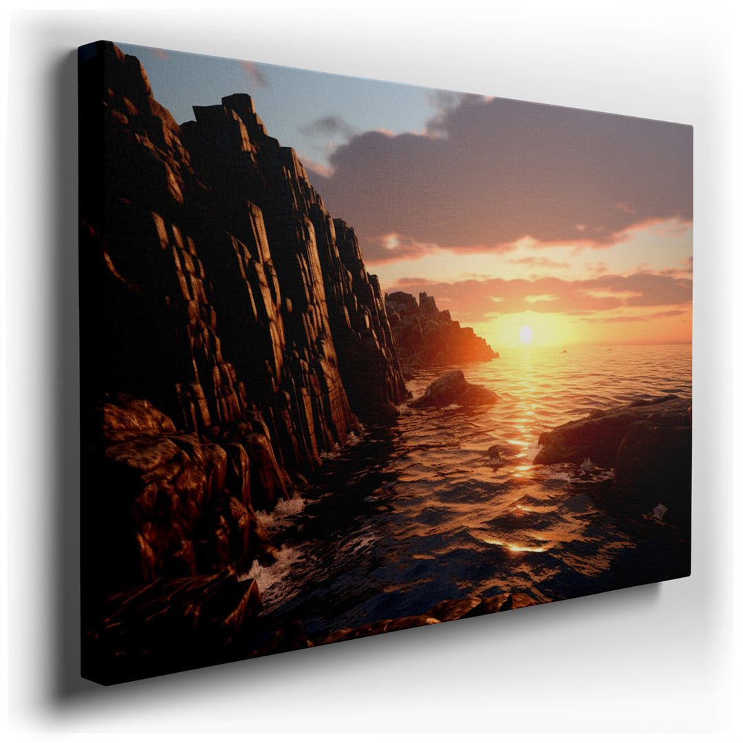 canvas print on wrapped canvas for wall decor – This exquisite wall art masterfully captures the breathtaking spectacle of a sunset descending over a rugged coastline....