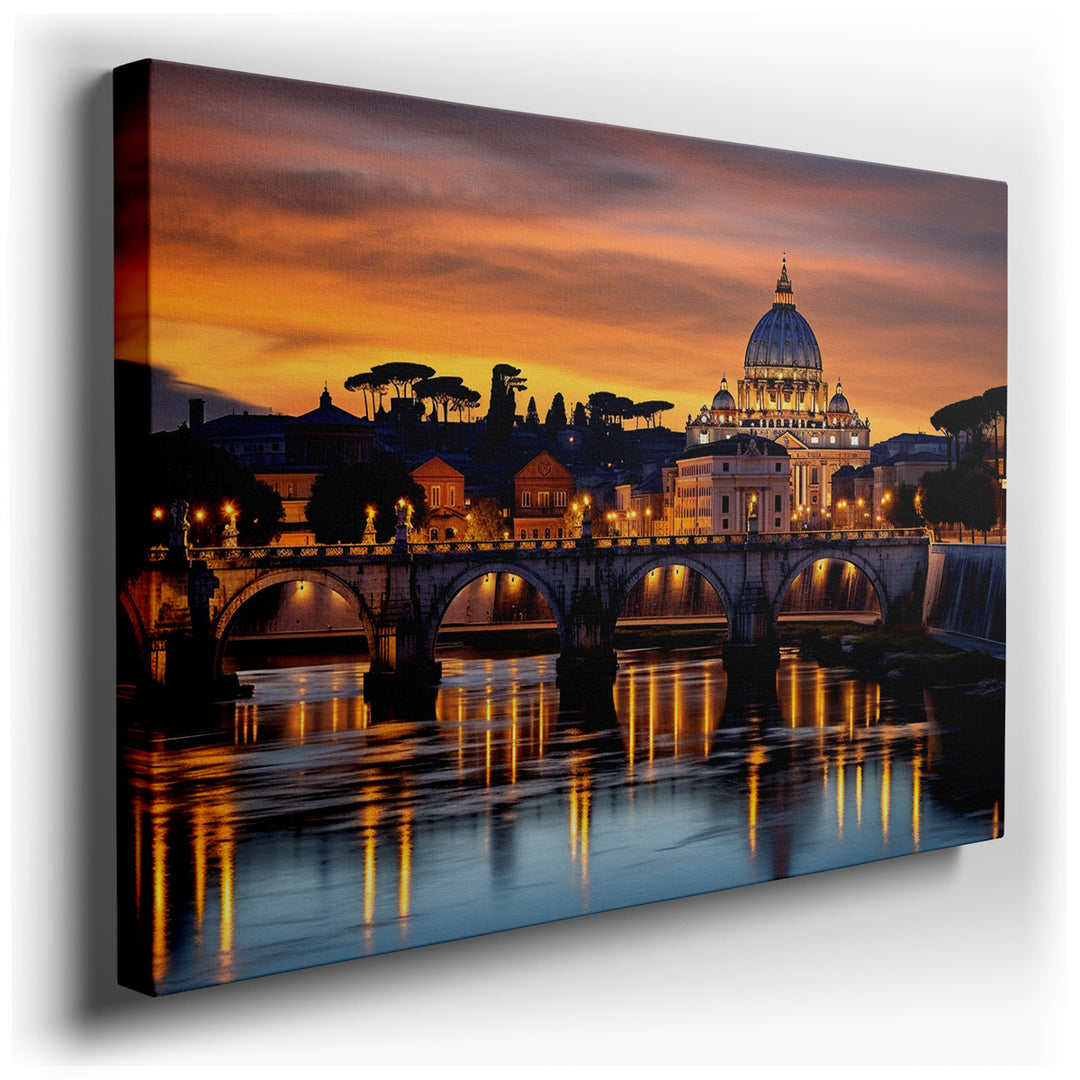 canvas print on wrapped canvas for wall decor – This wall art, a masterful depiction of St. Peter's Basilica at sunset, is an exquisite representation of architectural...