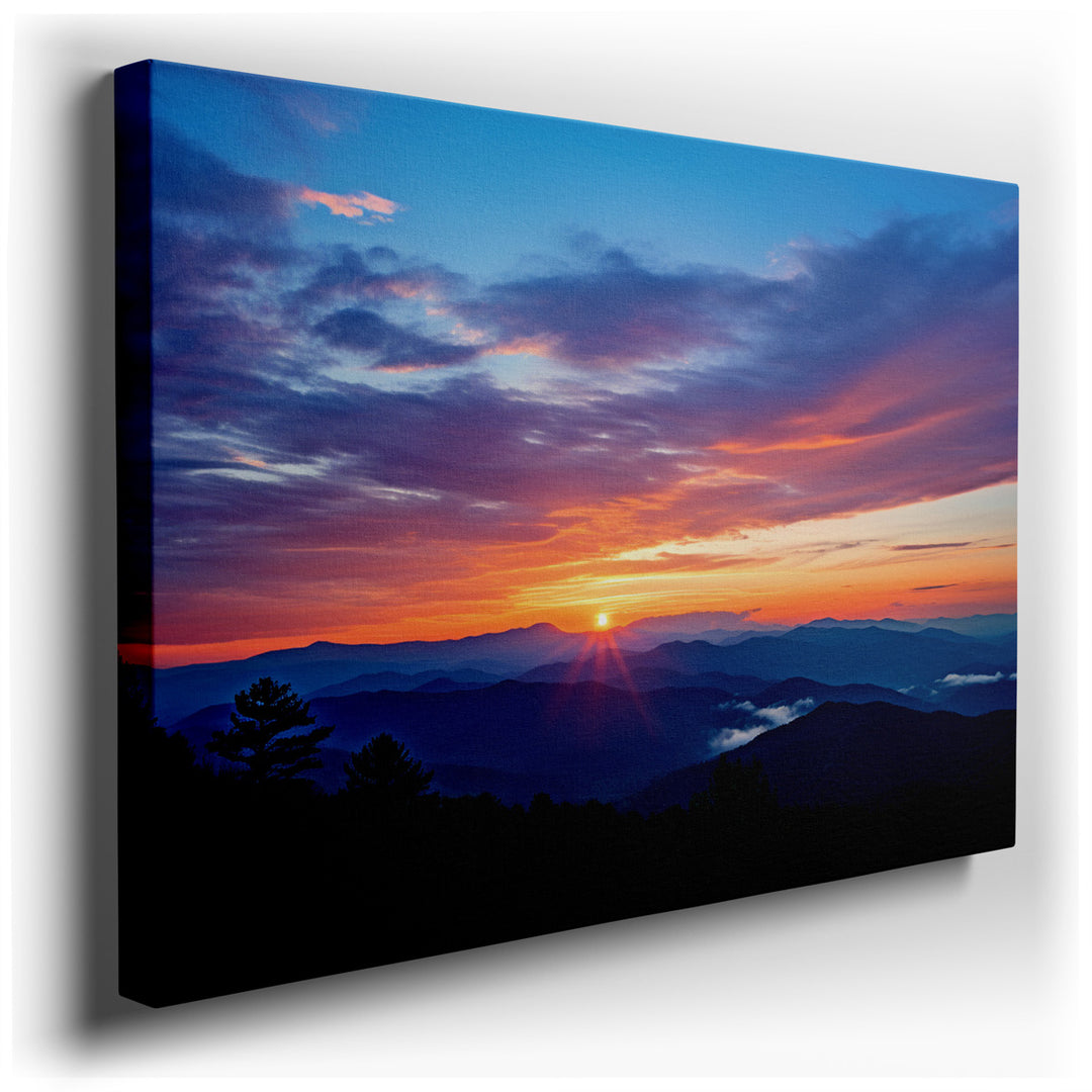 canvas print on wrapped canvas for wall decor – This exquisite wall art captures the serene and majestic beauty of a sunset over the Blue Ridge Mountains, a scene that...