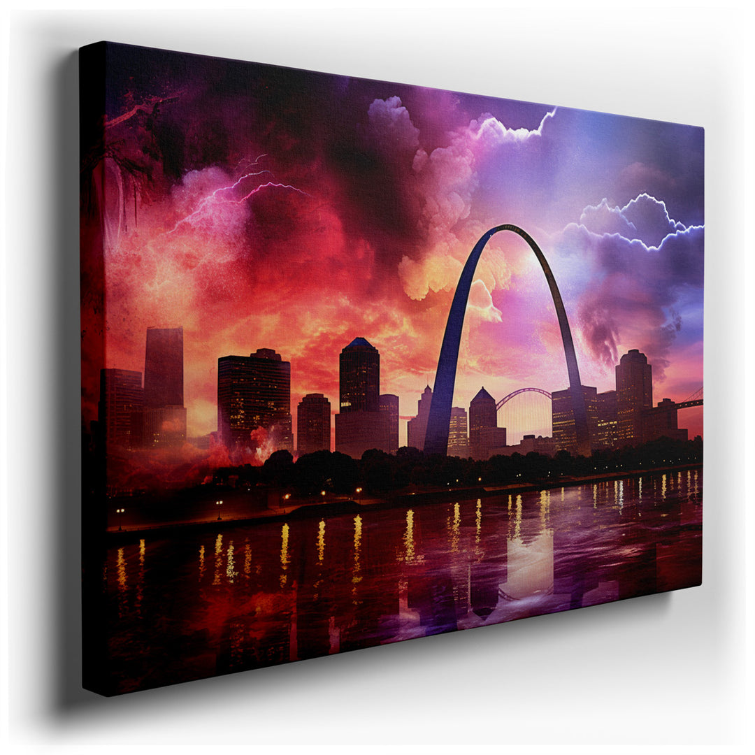 canvas print on wrapped canvas for wall decor – This wall art captures a breathtaking scene of a sunset over the Gateway Arch, enveloping the urban skyline in a tapestr...