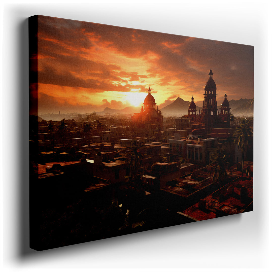 canvas print on wrapped canvas for wall decor – Imagine a wall art that captures the essence of a historic city at the magical hour of sunset. This artwork, a masterful...