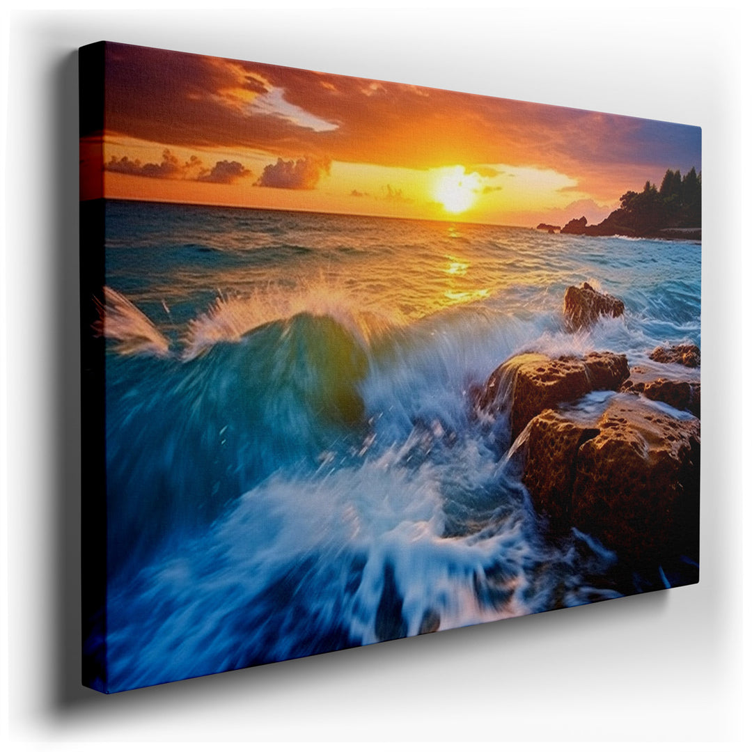 canvas print on wrapped canvas for wall decor – Imagine a wall art that captures the breathtaking spectacle of a sunset over the ocean, where the sky is ablaze with vib...