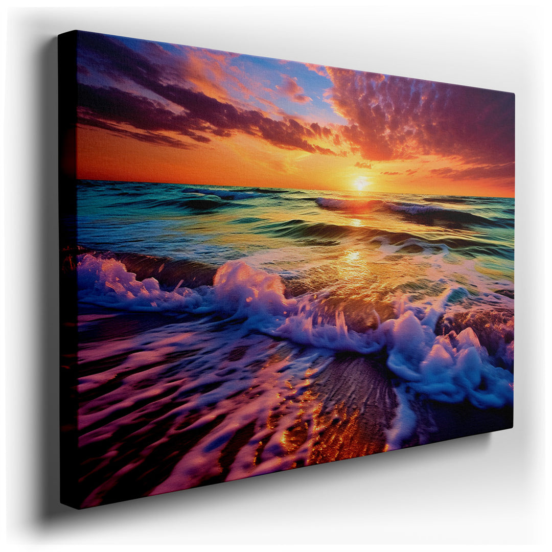 canvas print on wrapped canvas for wall decor – This exquisite wall art captures the awe-inspiring beauty of a vibrant sunset descending over the ocean, where the dynam...