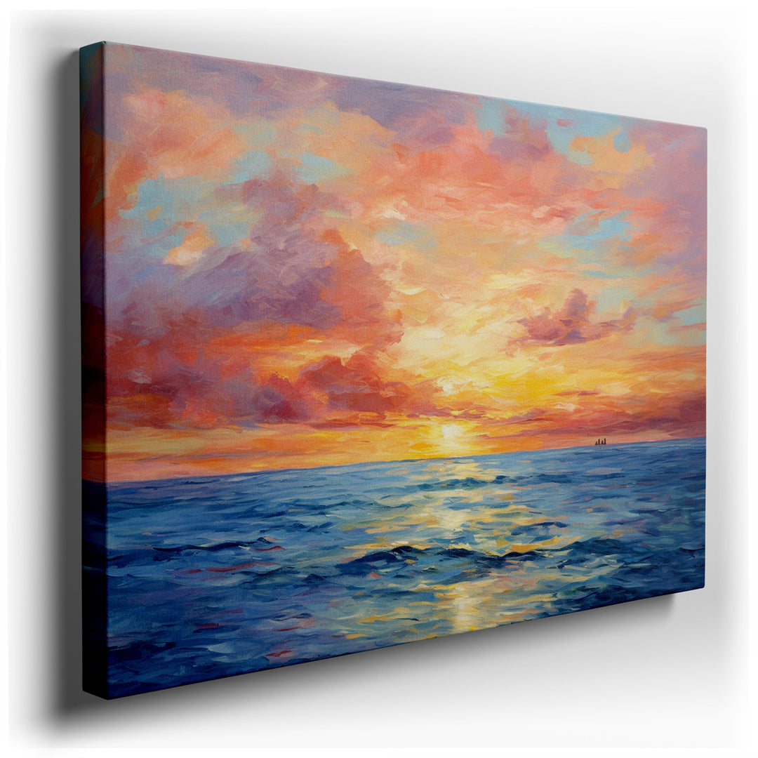 canvas print on wrapped canvas for wall decor – This exquisite wall art captures the breathtaking spectacle of a sunset over the ocean, a scene that masterfully combine...