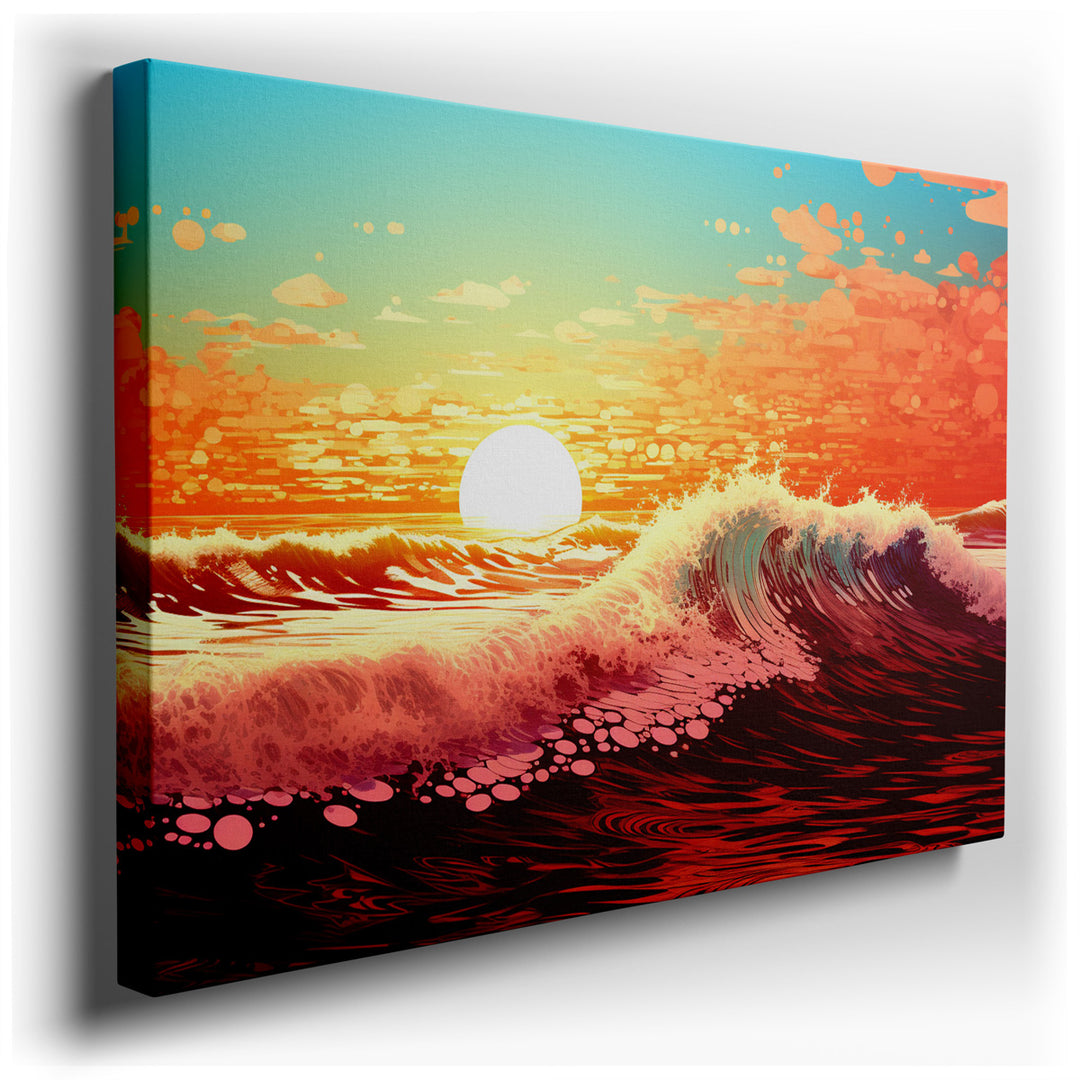 canvas print on wrapped canvas for wall decor – This captivating wall art vividly captures the breathtaking spectacle of a sunset over the ocean, where the forces of na...