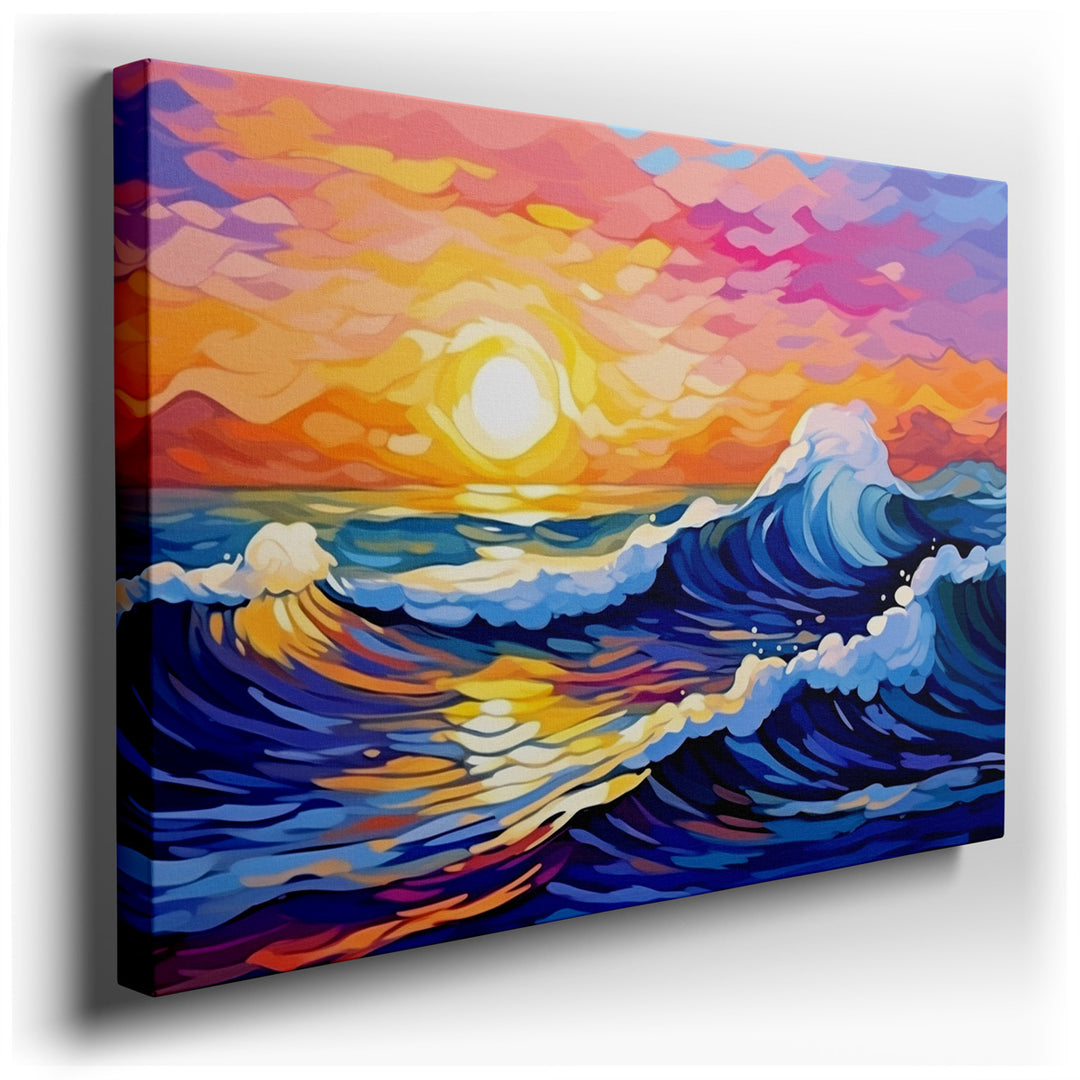 canvas print on wrapped canvas for wall decor – This exquisite wall art captures the breathtaking spectacle of a sunset over the ocean, a scene that masterfully intertw...