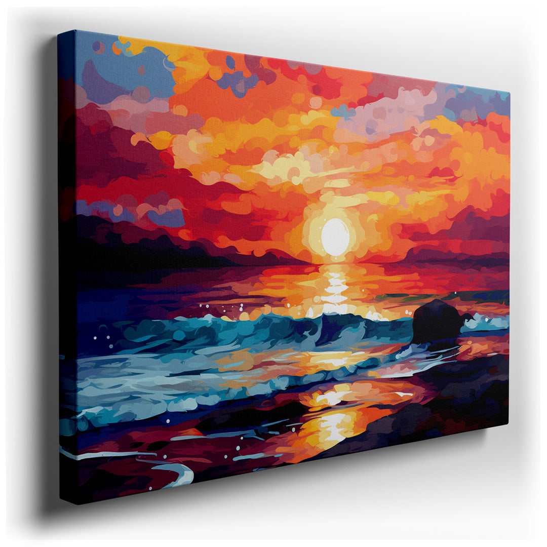canvas print on wrapped canvas for wall decor – This impressionistic masterpiece is a stunning visual symphony of colors and emotions, depicting a sunset over the ocean...