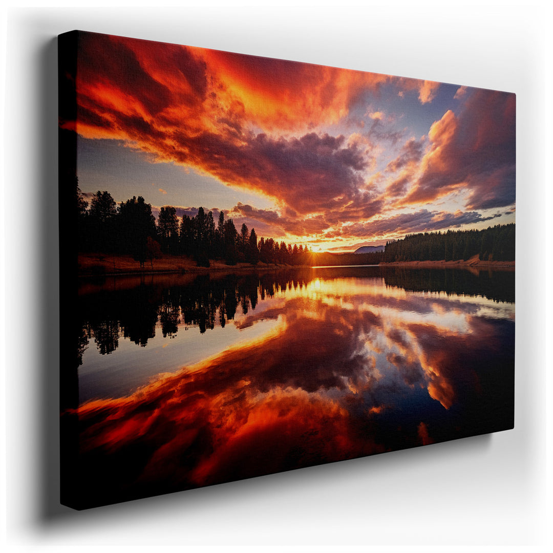 canvas print on wrapped canvas for wall decor – This wall art captures a breathtaking sunset over a serene lake, masterfully rendered to evoke a profound sense of peace...