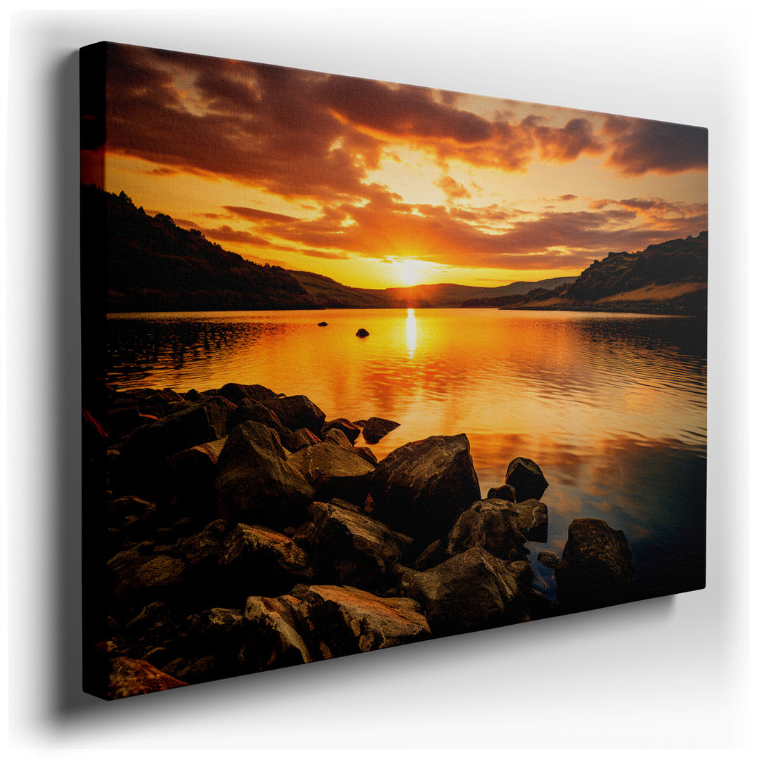 canvas print on wrapped canvas for wall decor – This exquisite wall art masterfully encapsulates the serene and awe-inspiring moment of a sunset descending over a tranq...
