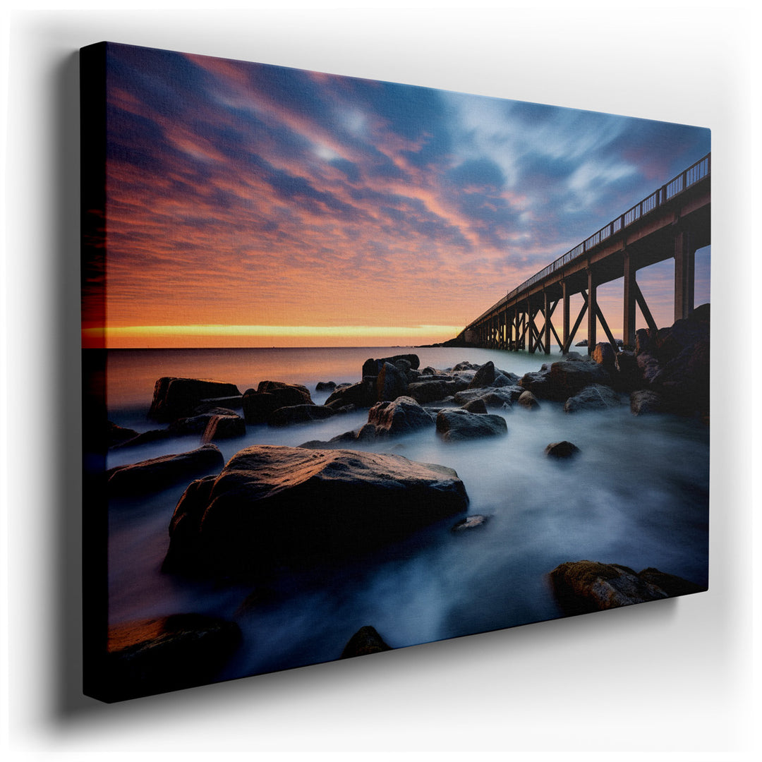 canvas print on wrapped canvas for wall decor – This exquisite wall art captures the ethereal beauty of a sunset descending behind an elegantly arched bridge, casting a...